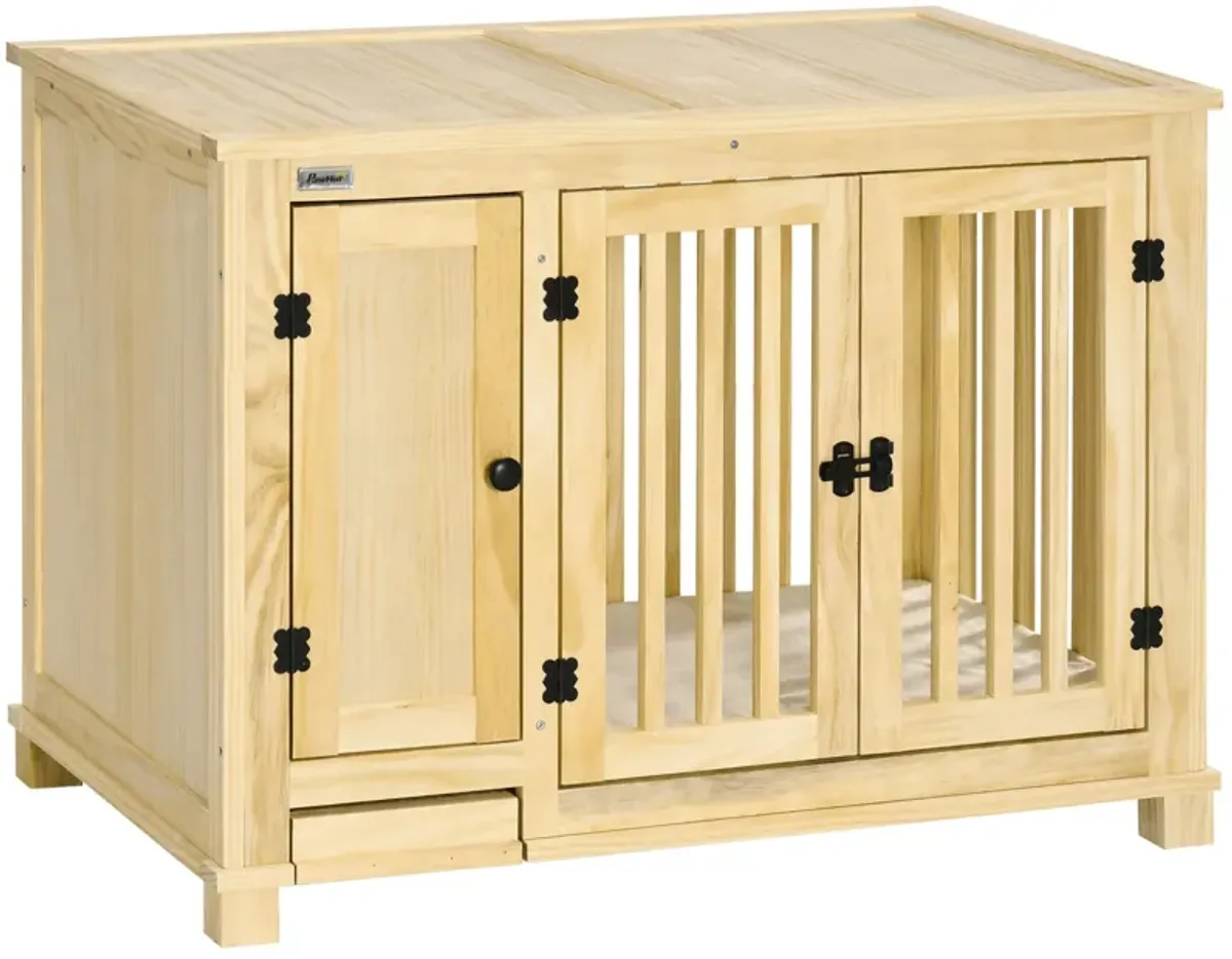 Natural Pet Furniture: Stylish Wooden Dog Crate with Cushion & Drawer