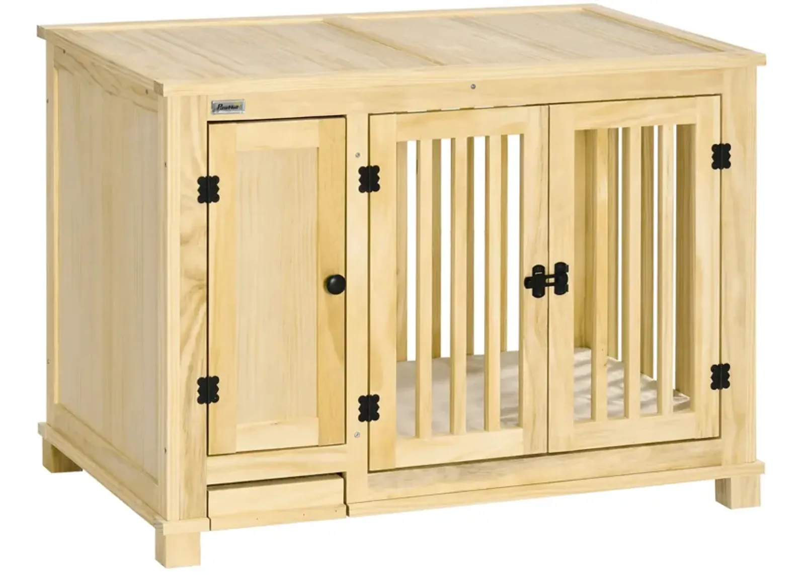 Natural Pet Furniture: Stylish Wooden Dog Crate with Cushion & Drawer