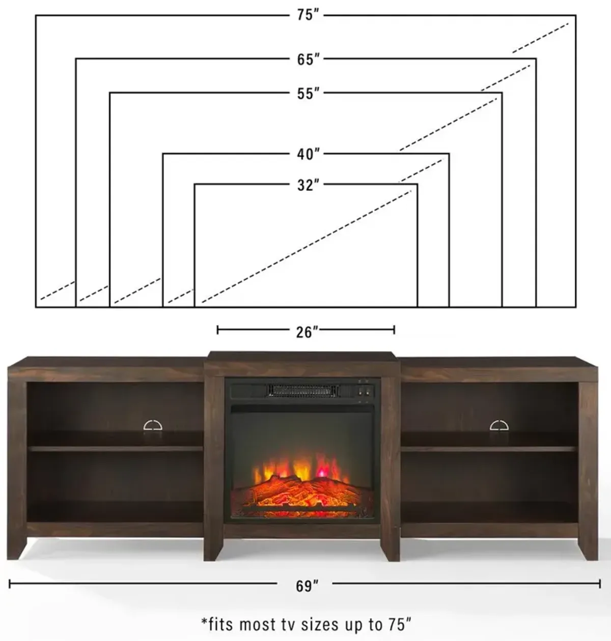 Ronin 69" Low Profile Tv Stand W/Fireplace Dark Walnut