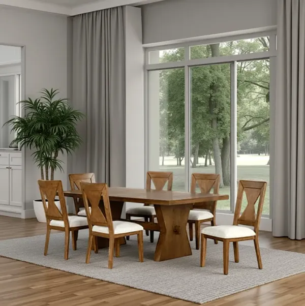 Zivy 7pc Dining Table Set, Modern Farmhouse Oak Brown, 6 Fabric Chairs - Benzara