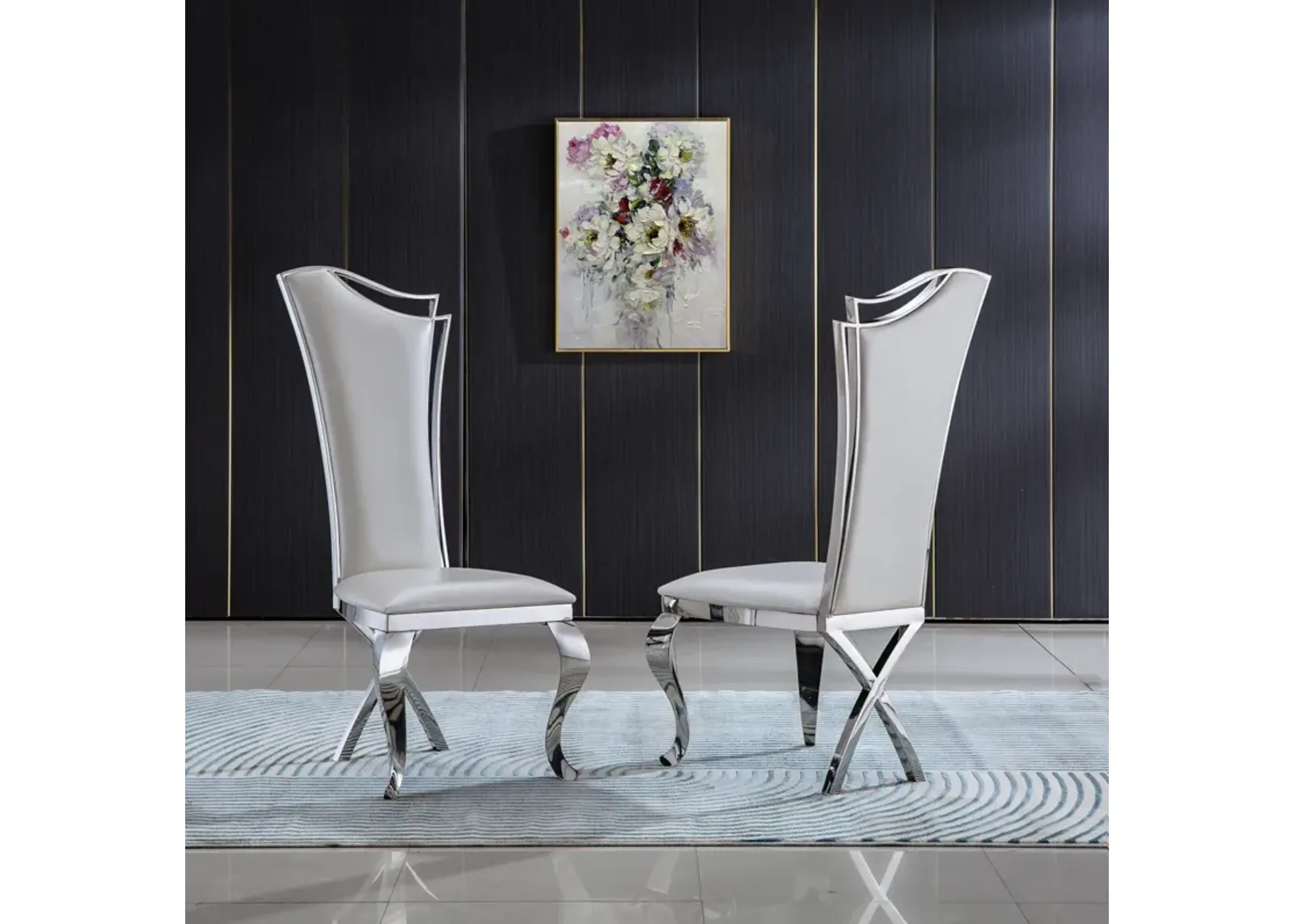 Leatherette Unique Design Backrest Dining Chair With Stainless Steel Legs Set Of 2