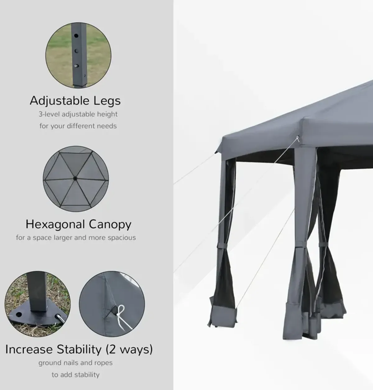 Grey Outdoor Shelter: 13'x13' Heavy Duty Hexagonal Pop Up Canopy with Mesh Walls