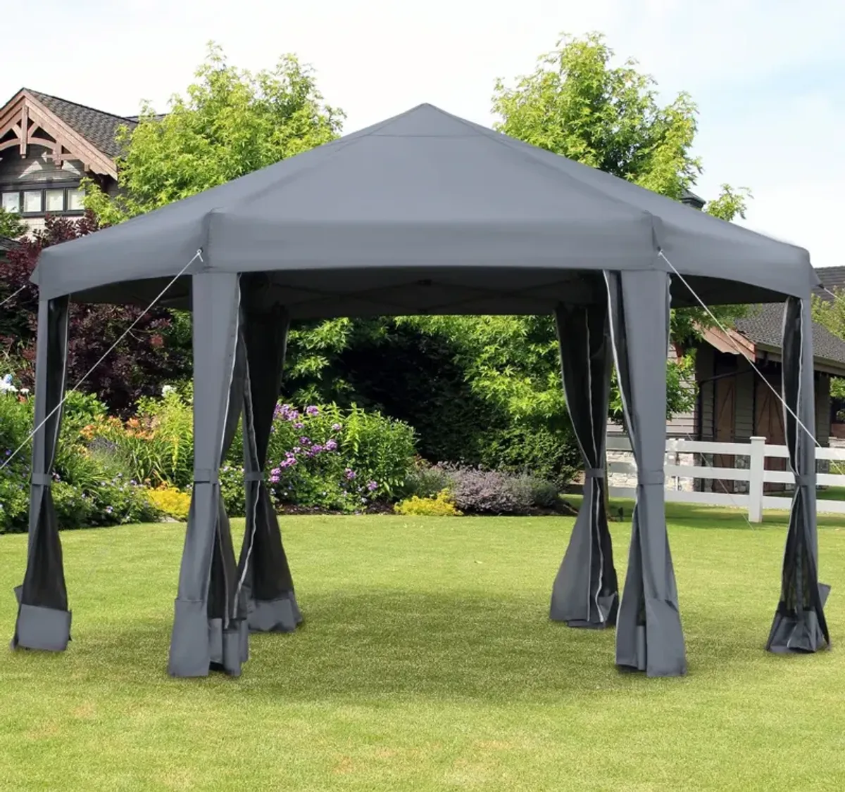 Grey Outdoor Shelter: 13'x13' Heavy Duty Hexagonal Pop Up Canopy with Mesh Walls