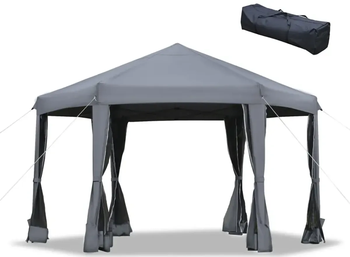 Grey Outdoor Shelter: 13'x13' Heavy Duty Hexagonal Pop Up Canopy with Mesh Walls