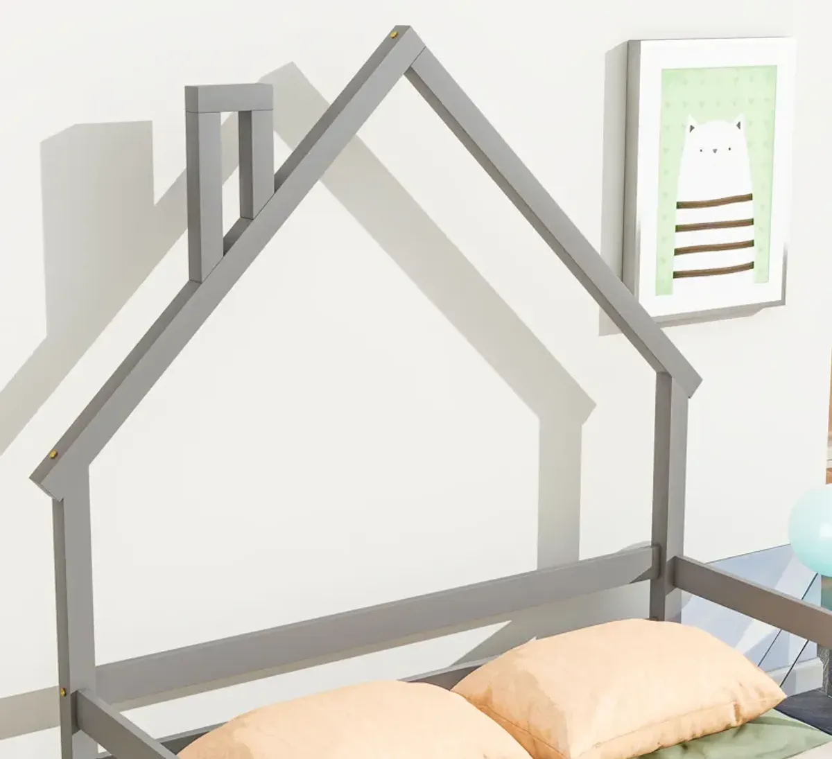 Full House-Shaped Headboard Bed with Handrails ,slats
,Natural