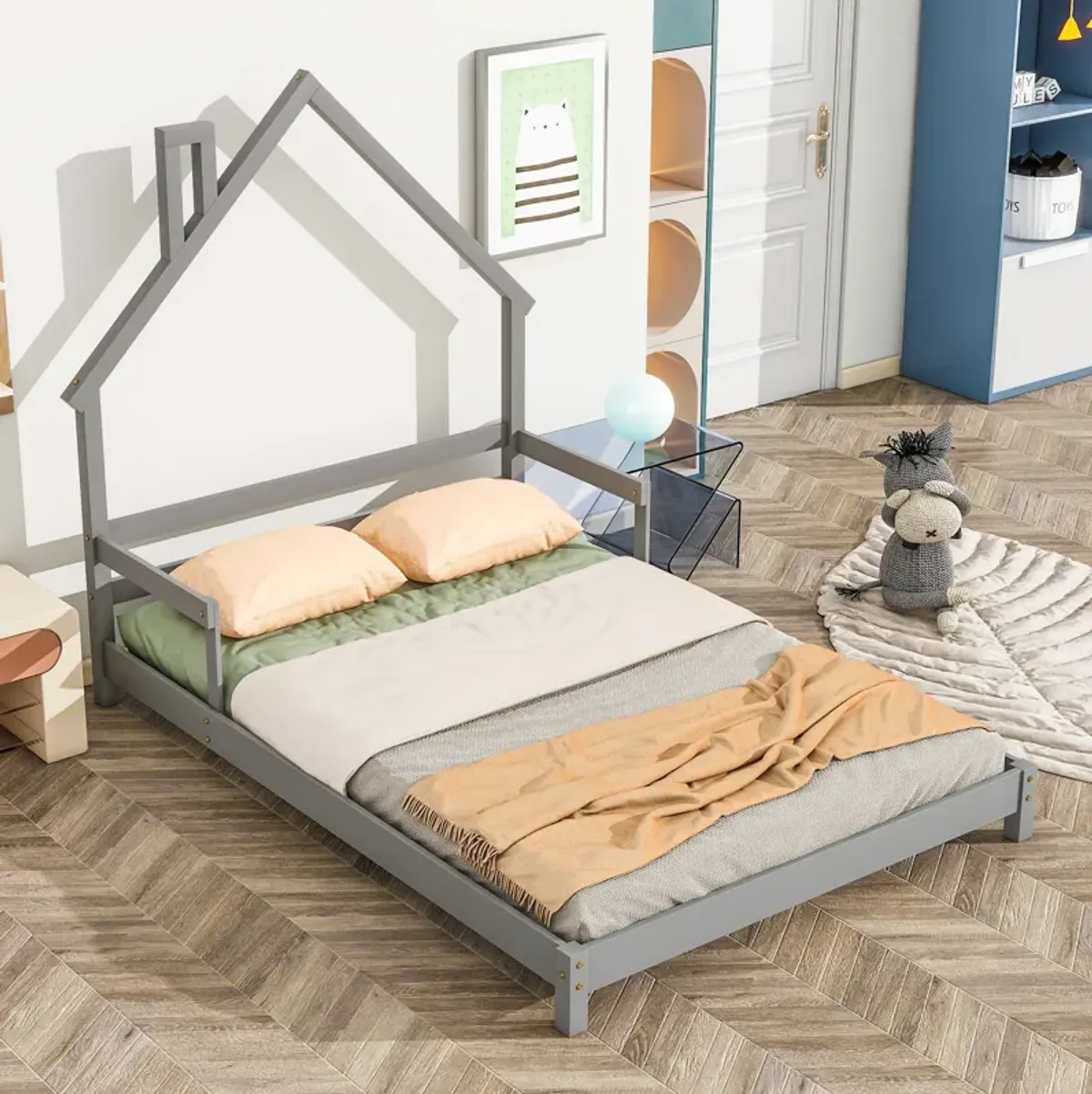 Full House-Shaped Headboard Bed with Handrails ,slats
,Natural