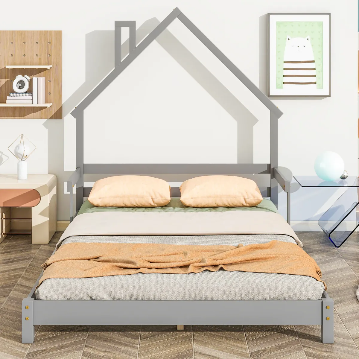 Full House-Shaped Headboard Bed with Handrails ,slats
,Natural