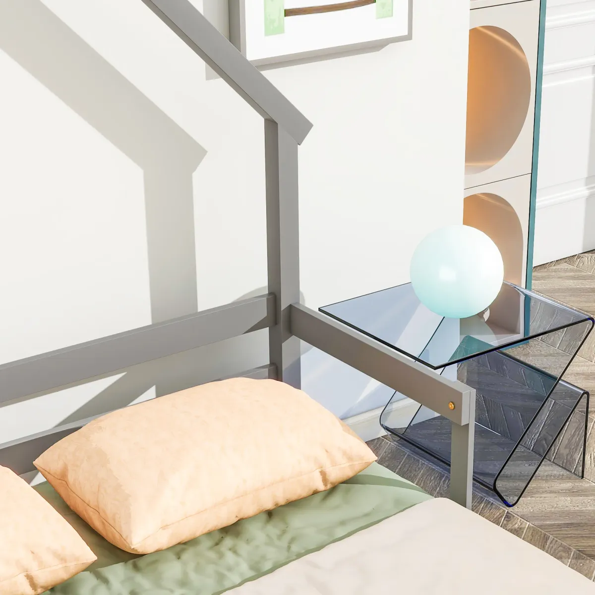 Full House-Shaped Headboard Bed with Handrails ,slats
,Natural