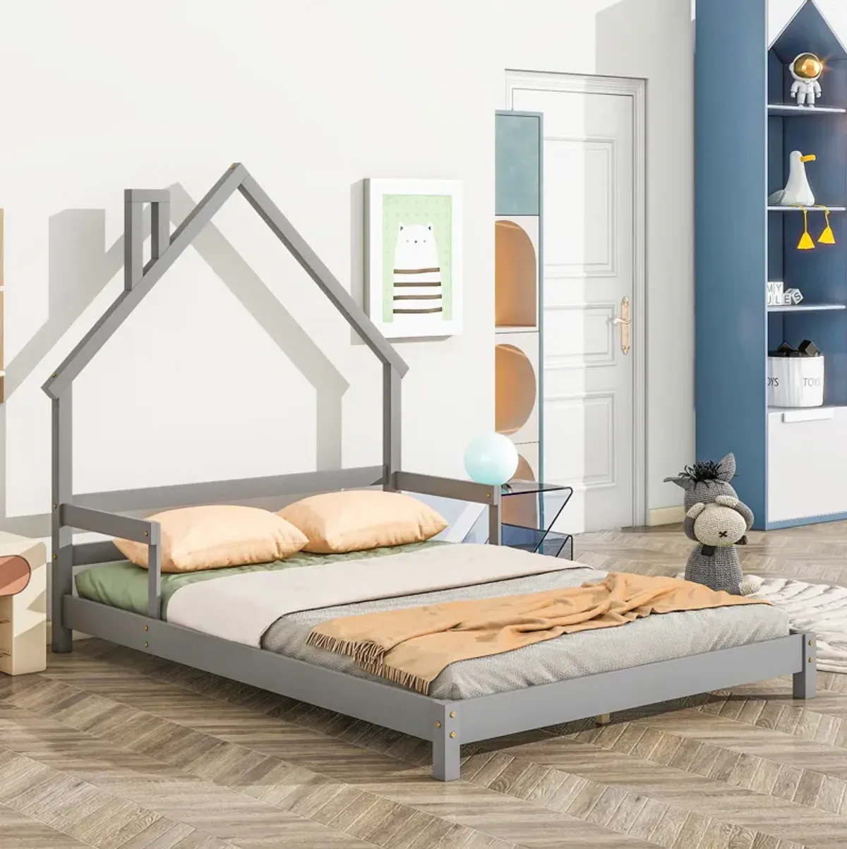 Full House-Shaped Headboard Bed with Handrails ,slats
,Natural