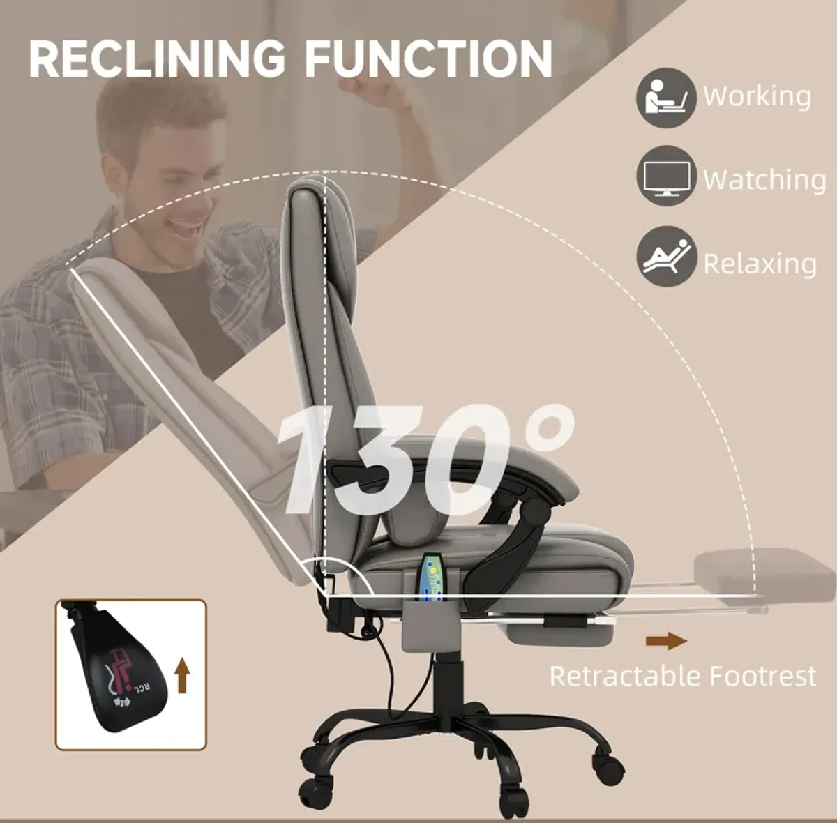 Massaging Office Chair w/ Reclining Function 5 Wheels and High Back Support