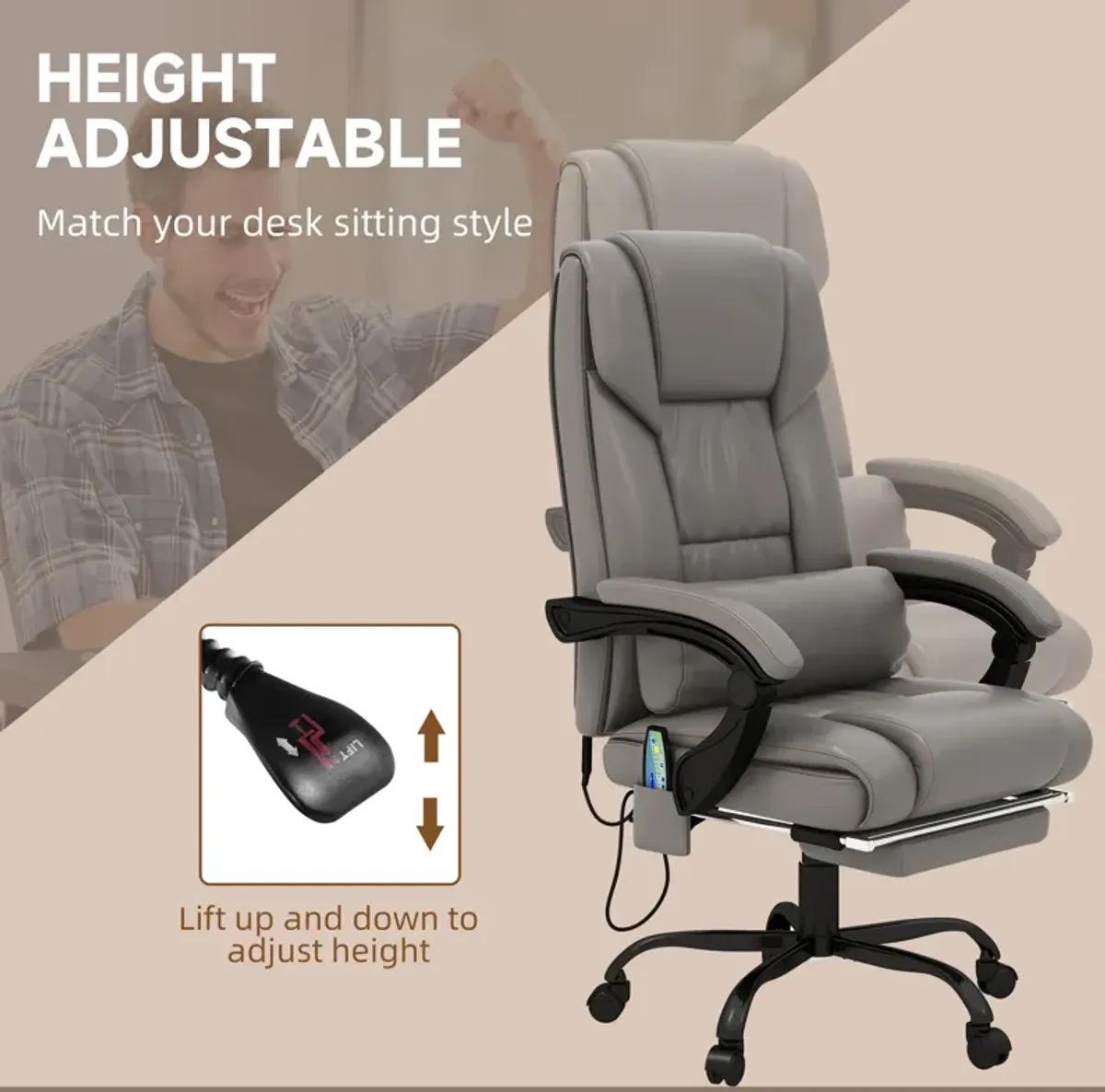 Massaging Office Chair w/ Reclining Function 5 Wheels and High Back Support