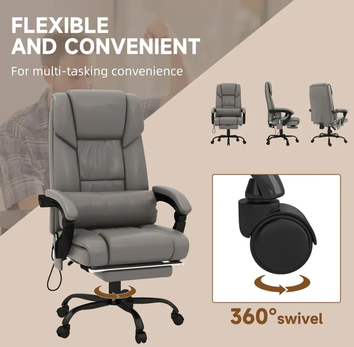 Massaging Office Chair w/ Reclining Function 5 Wheels and High Back Support