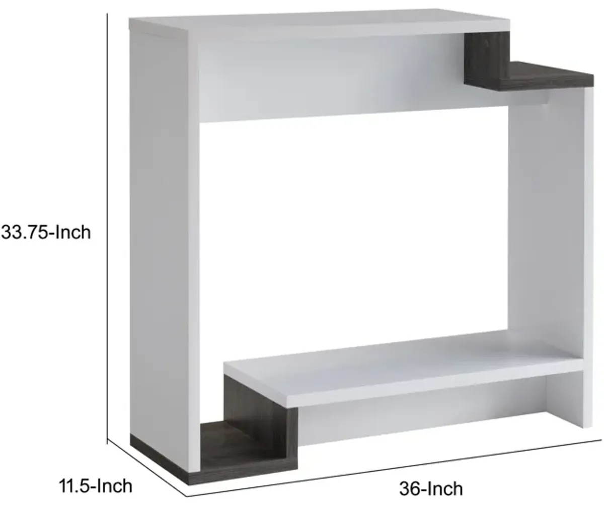 36 Inch Modern Console Table, Multilevel Wood Shelves, Gray and White-Benzara