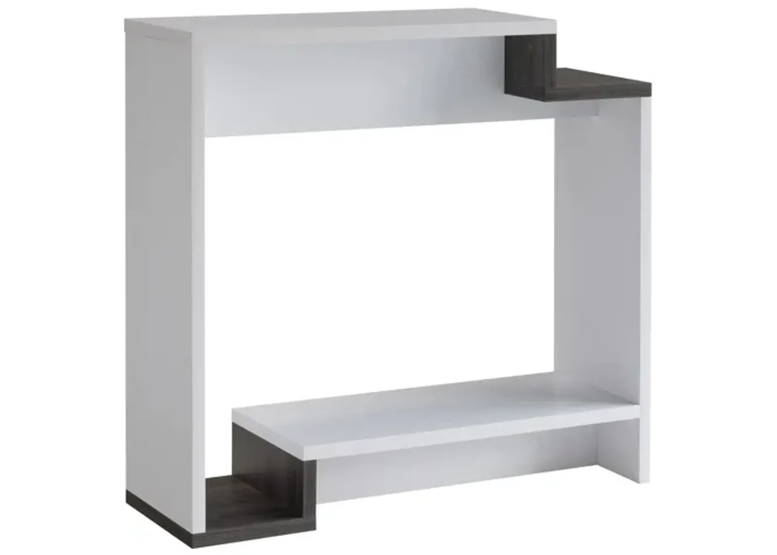 36 Inch Modern Console Table, Multilevel Wood Shelves, Gray and White-Benzara