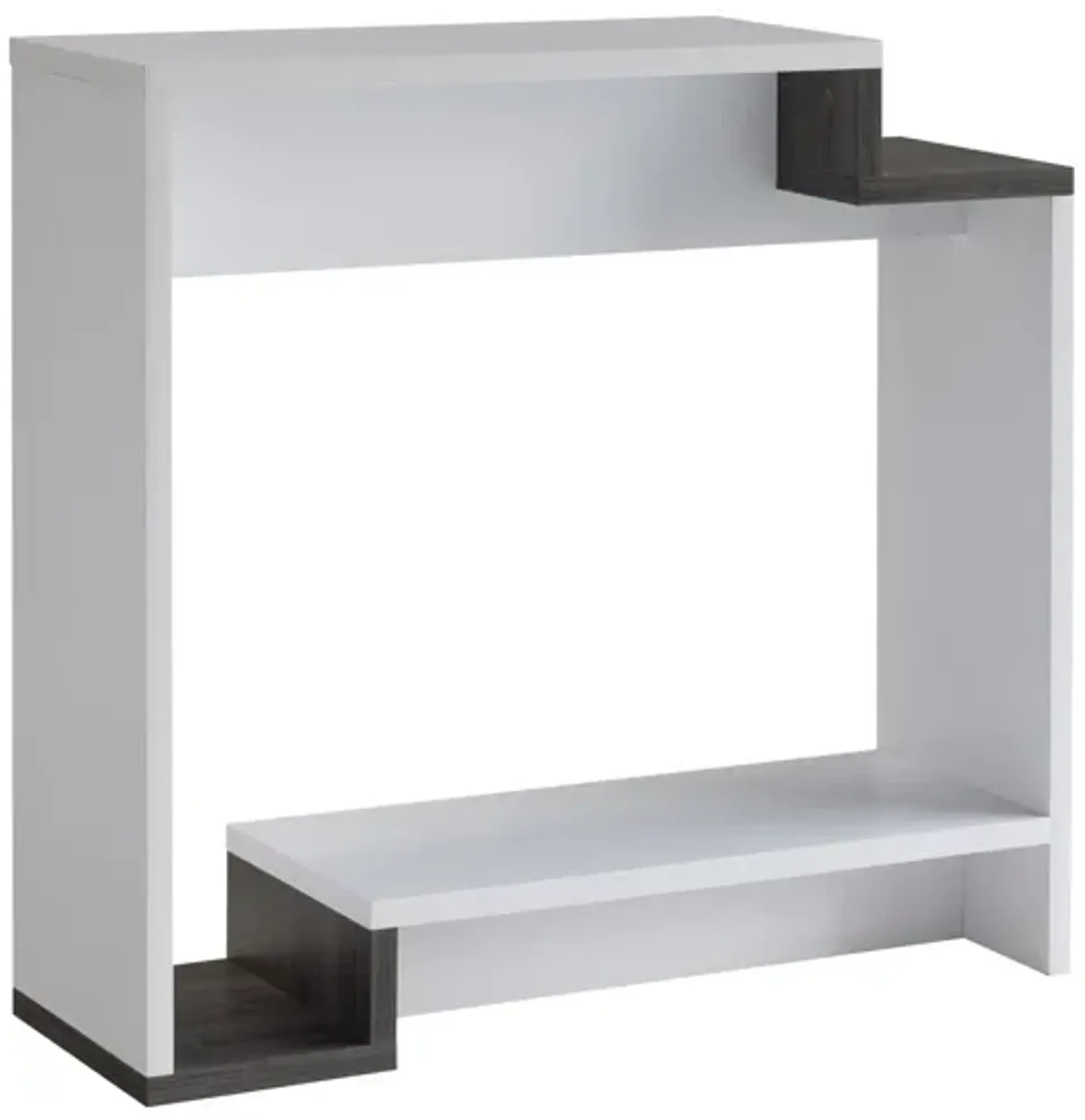 36 Inch Modern Console Table, Multilevel Wood Shelves, Gray and White-Benzara