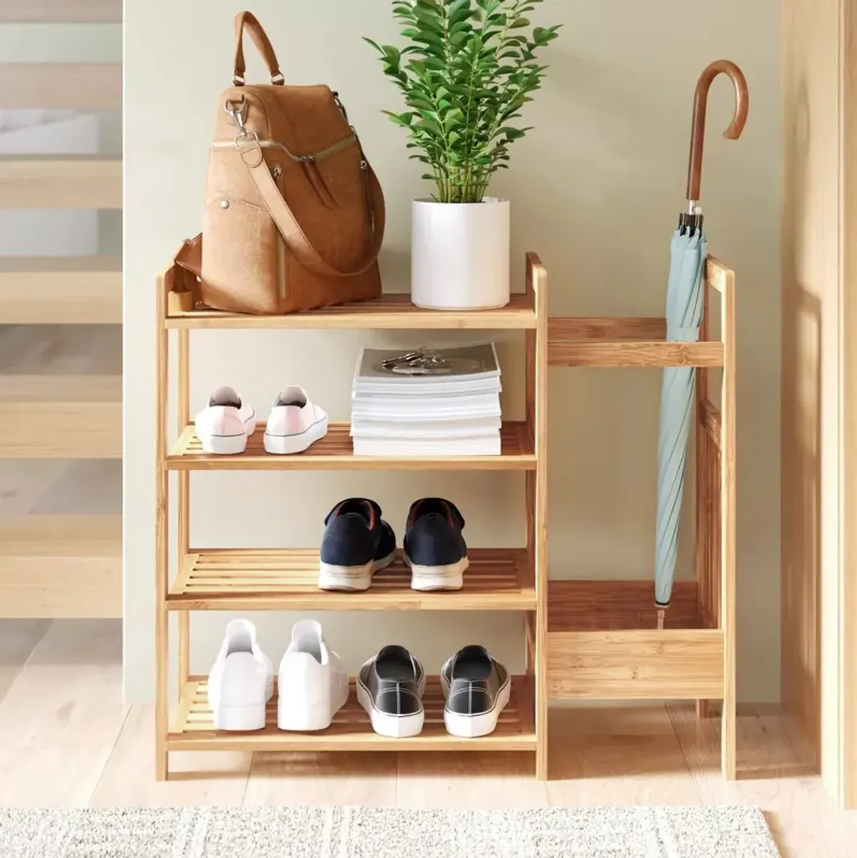 Entryway Shoe Rack Bench with 2 Shelves and 4-Shelf Bamboo Shoe Organizer