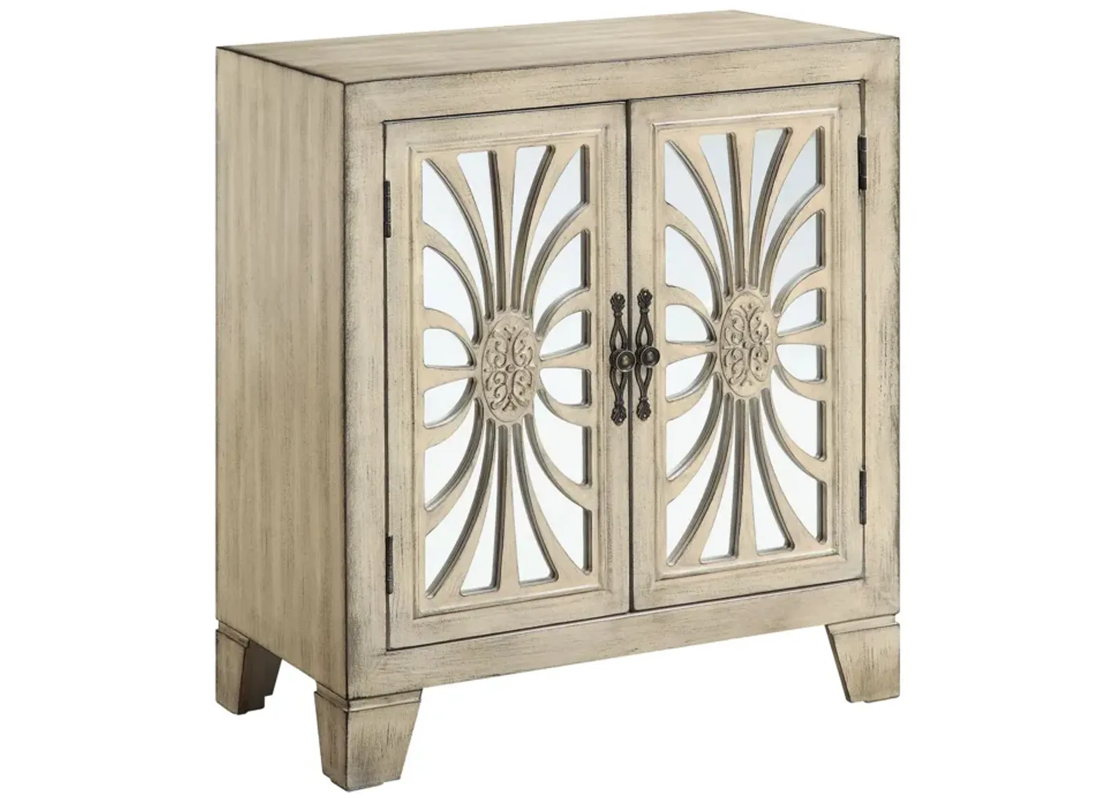 Console Table with 2 Glass Doors and Floral Motif, Antique White-Benzara