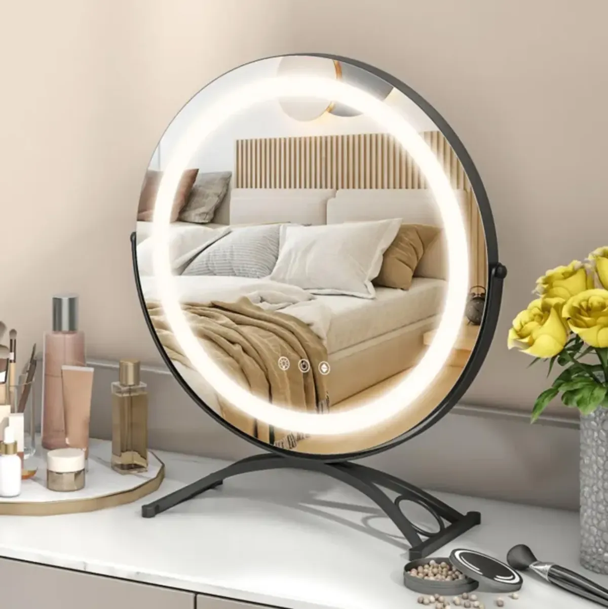 Hivvago 16 x 16 Inch Round LED Vanity Mirror with 3-Color Lighting and Brightness Dimming