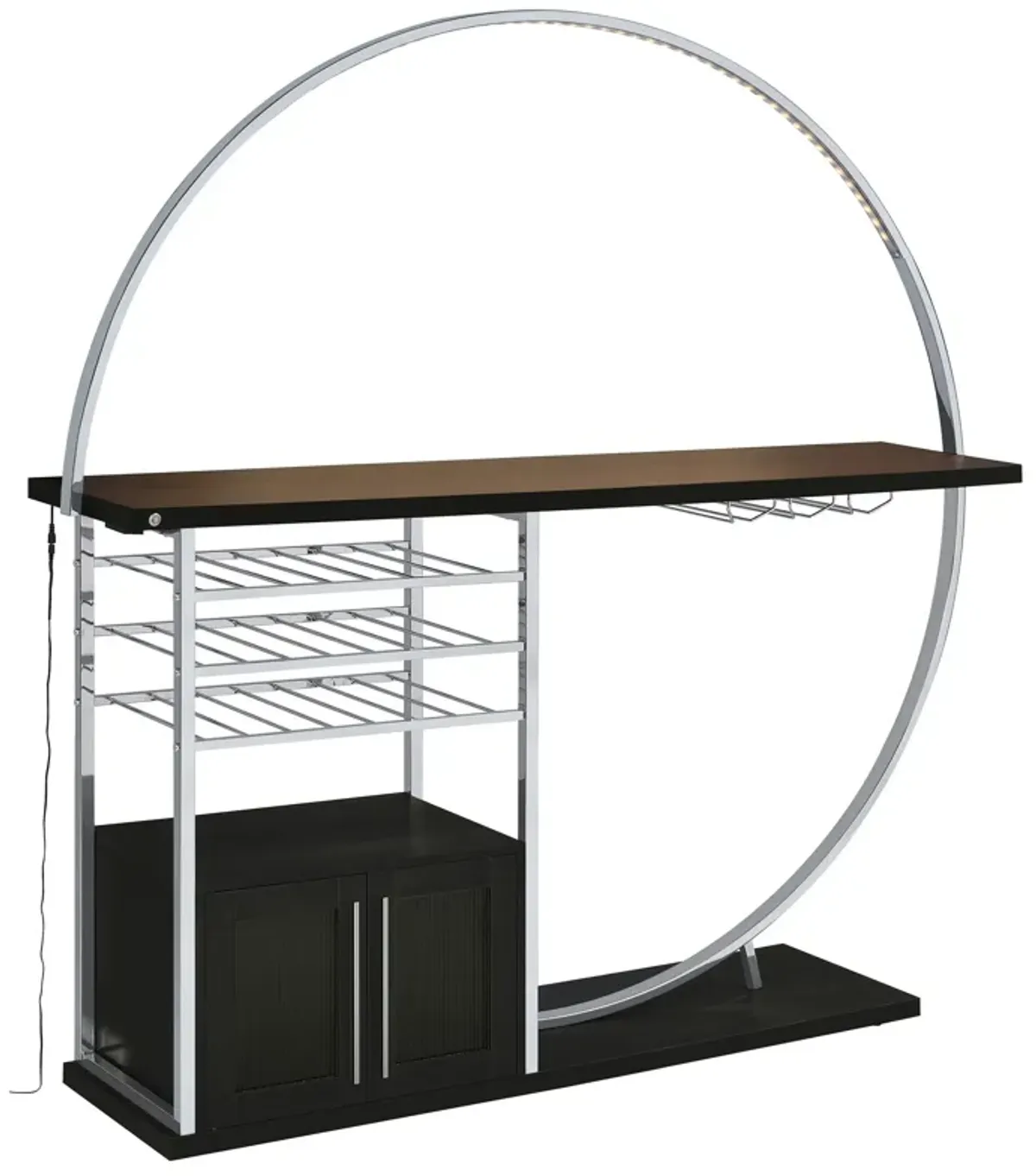 Riya Home Bar Table, LED Light, Cabinets, Wine Storage, Black, Chrome Metal - Benzara