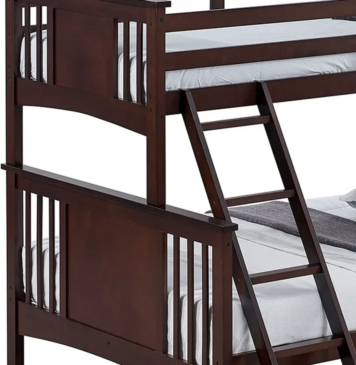 Ricky Twin Over Full Bunk Bed, Angled Ladder, Dark Brown Solid Hardwood