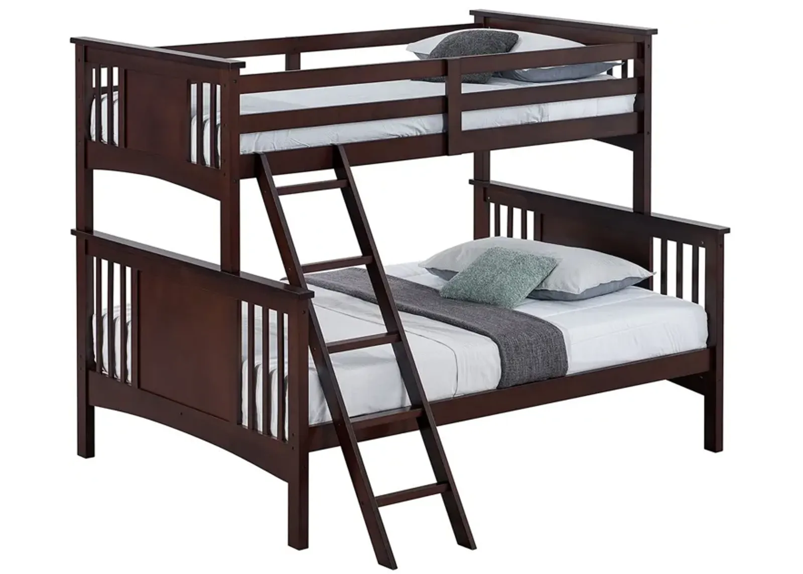 Ricky Twin Over Full Bunk Bed, Angled Ladder, Dark Brown Solid Hardwood