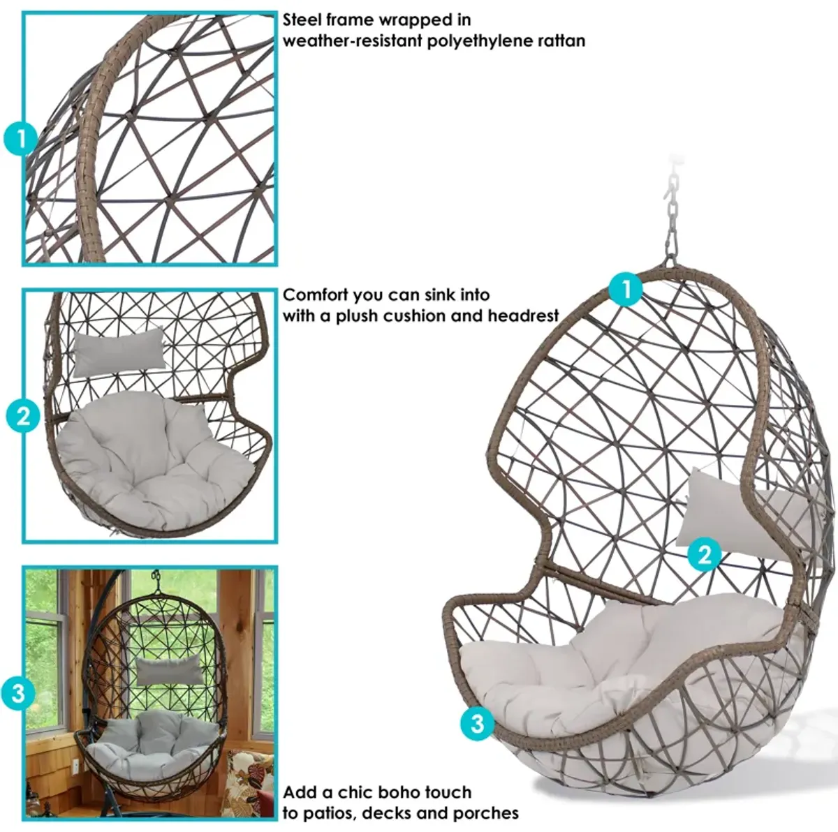 Sunnydaze Brown Resin Wicker Basket Hanging Egg Chair with Cushions