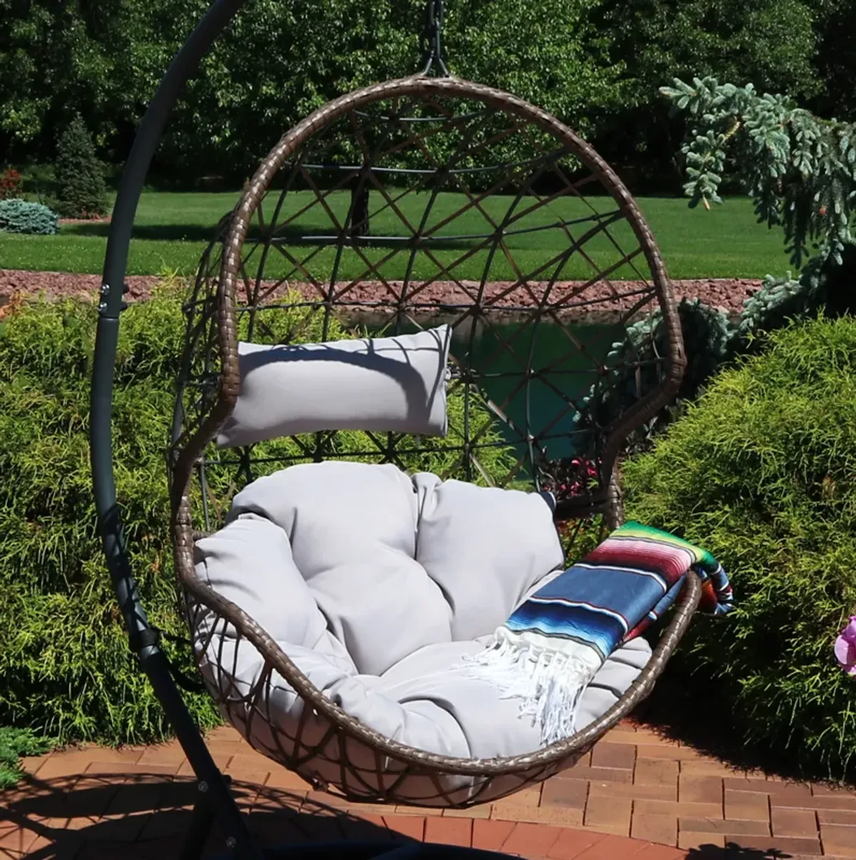 Sunnydaze Brown Resin Wicker Basket Hanging Egg Chair with Cushions