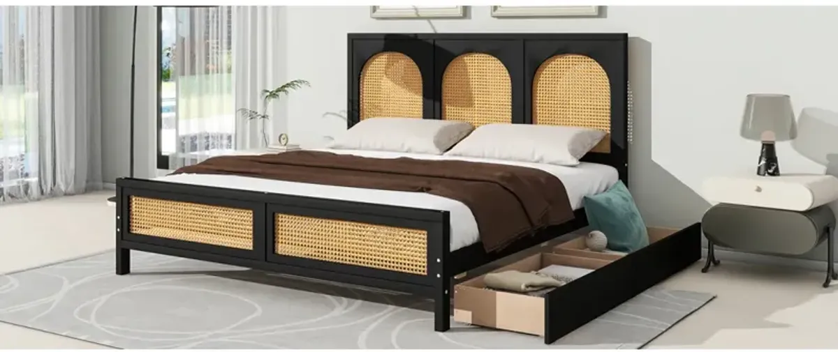 Queen Size Wood Storage Platform Bed With 2 Drawers, Rattan Headboard And Footboard