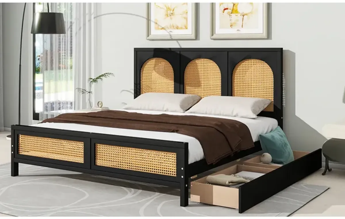 Queen Size Wood Storage Platform Bed With 2 Drawers, Rattan Headboard And Footboard