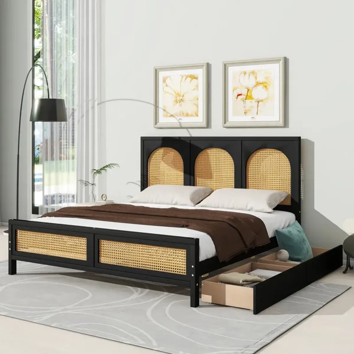 Queen Size Wood Storage Platform Bed With 2 Drawers, Rattan Headboard And Footboard