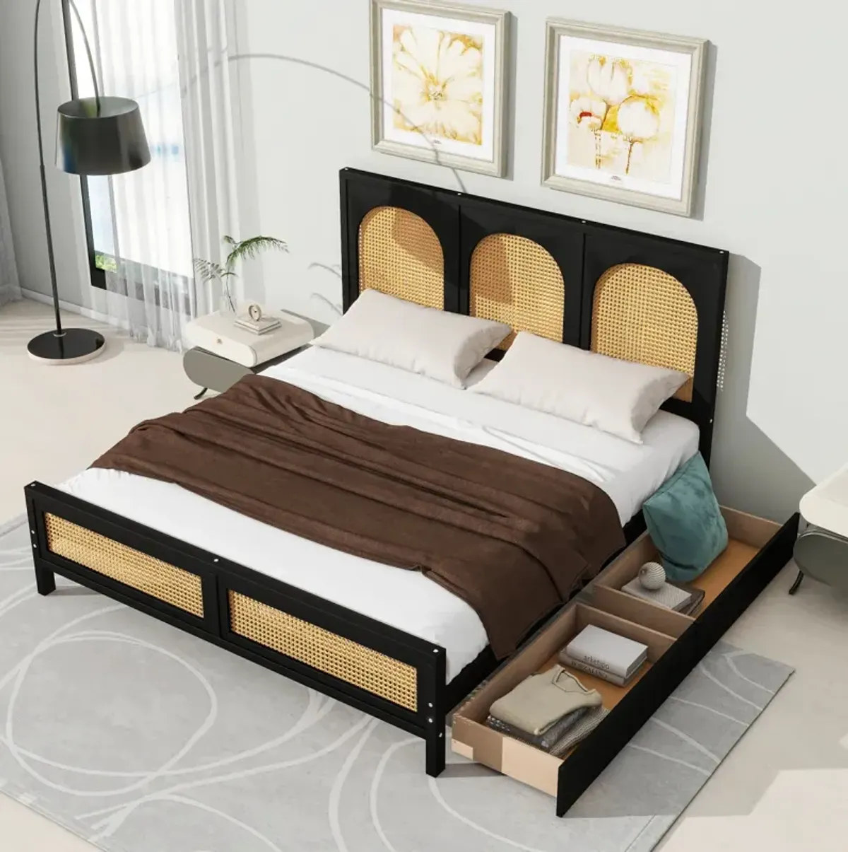 Queen Size Wood Storage Platform Bed With 2 Drawers, Rattan Headboard And Footboard