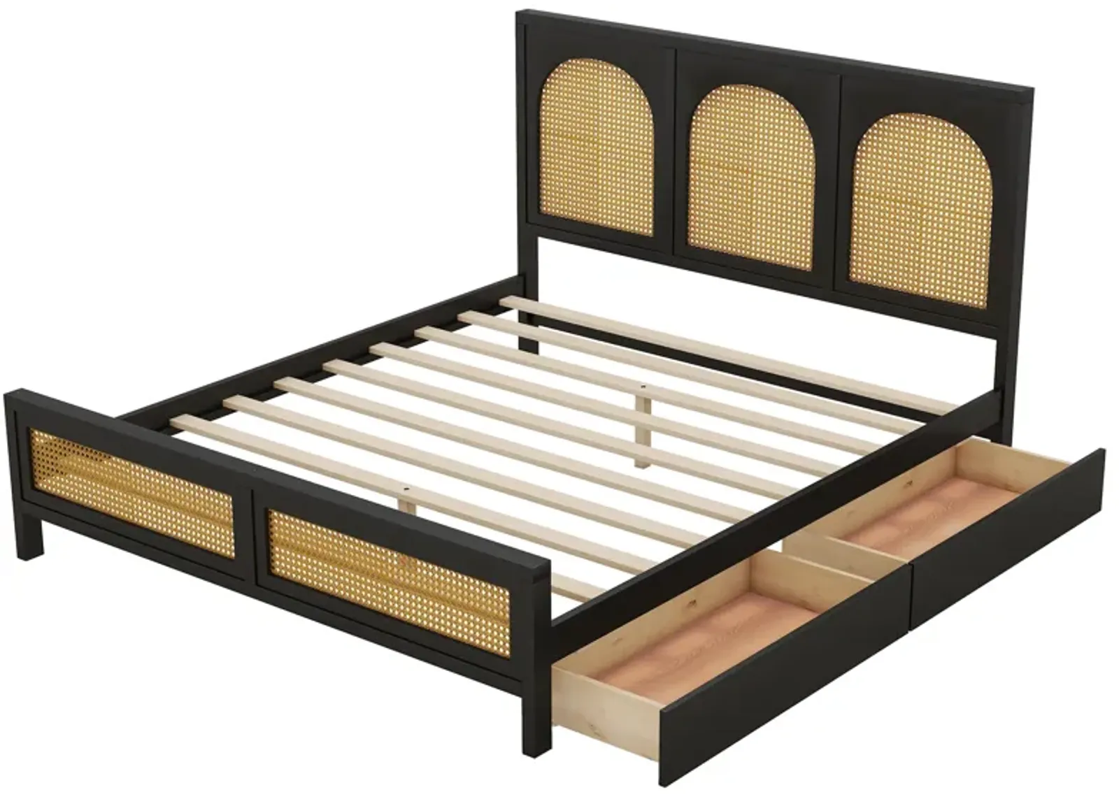 Queen Size Wood Storage Platform Bed With 2 Drawers, Rattan Headboard And Footboard