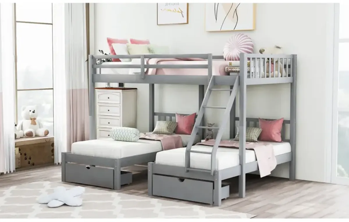 Full Over Twin & Twin Bunk Bed, Wood Triple Bunk Bed With Drawers And Guardrails