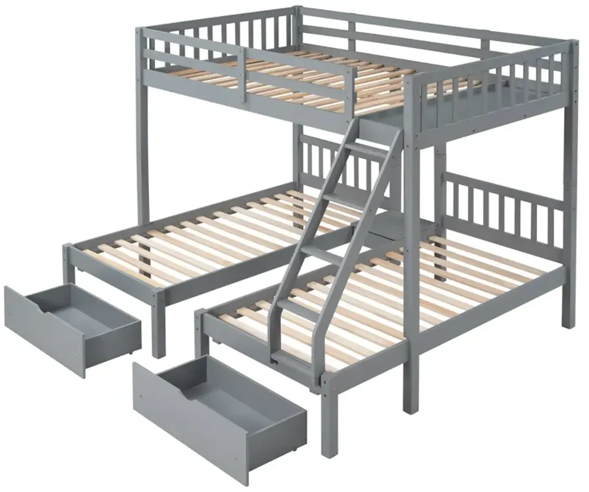 Full Over Twin & Twin Bunk Bed, Wood Triple Bunk Bed With Drawers And Guardrails