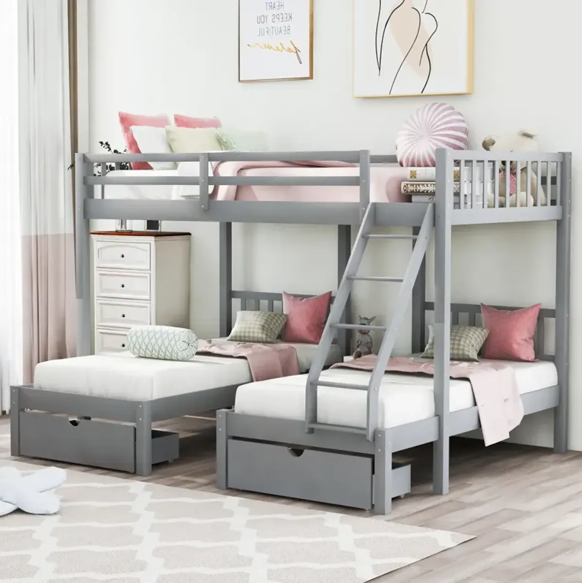 Full Over Twin & Twin Bunk Bed, Wood Triple Bunk Bed With Drawers And Guardrails