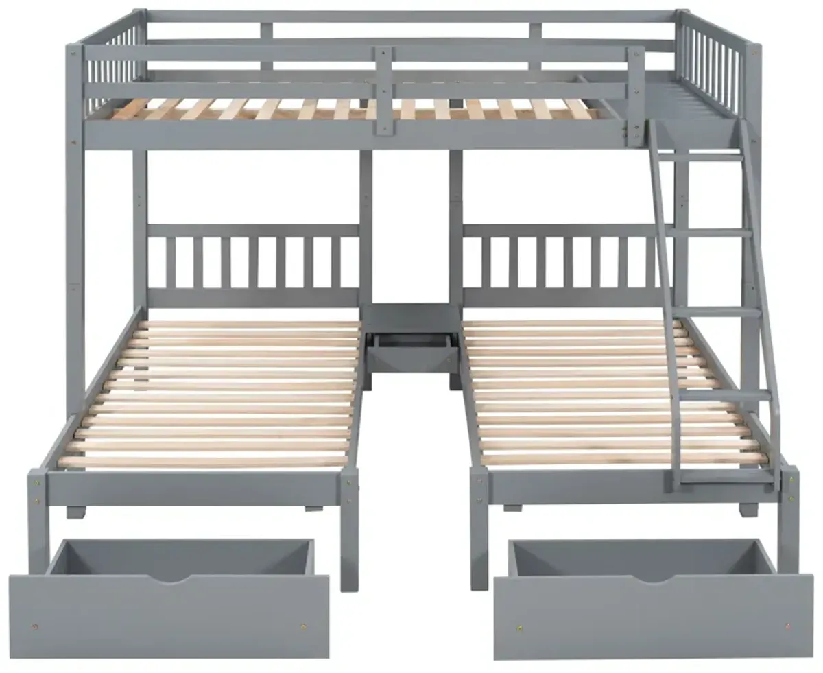 Full Over Twin & Twin Bunk Bed, Wood Triple Bunk Bed With Drawers And Guardrails