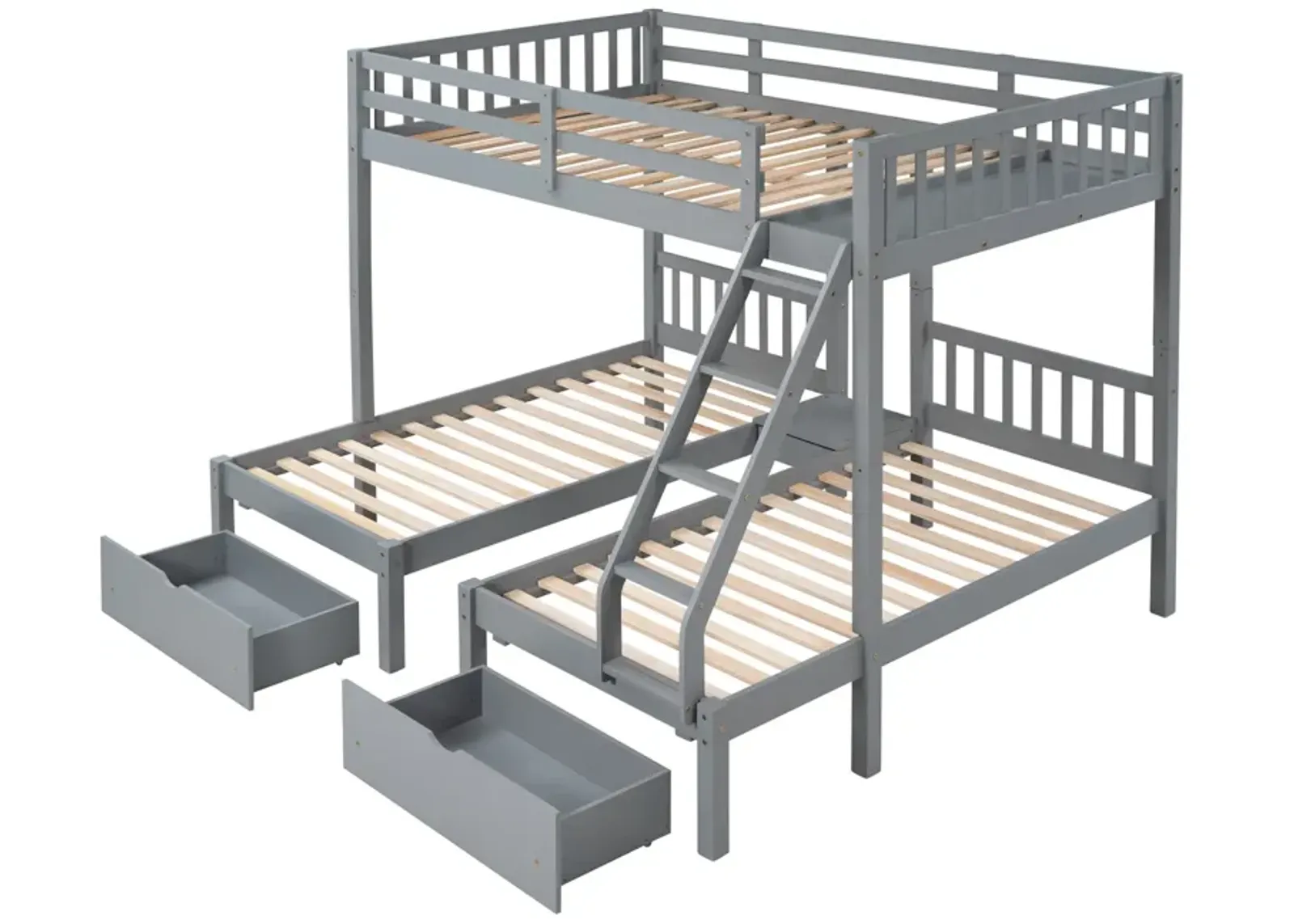 Full Over Twin & Twin Bunk Bed, Wood Triple Bunk Bed With Drawers And Guardrails