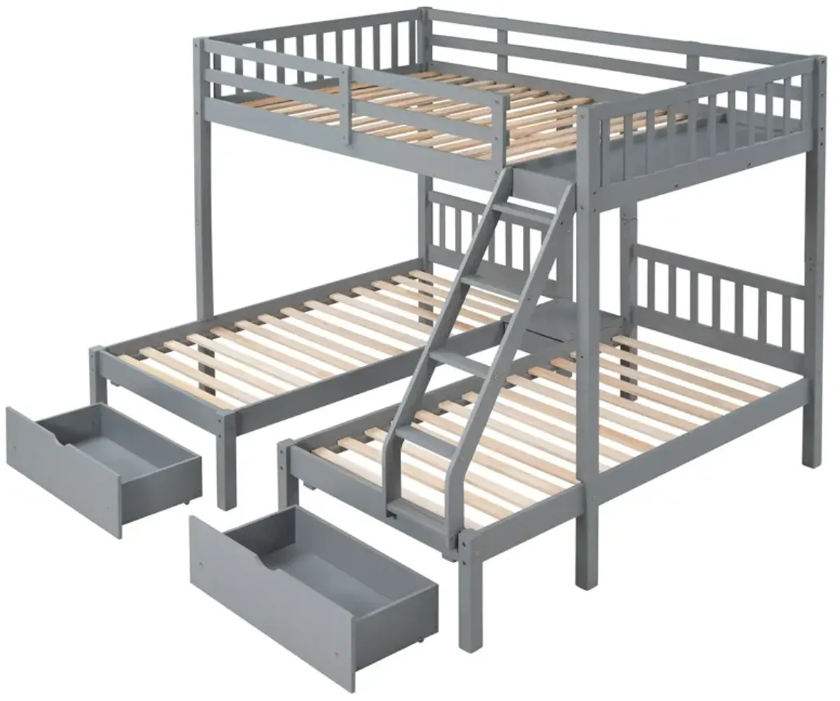 Full Over Twin & Twin Bunk Bed, Wood Triple Bunk Bed With Drawers And Guardrails