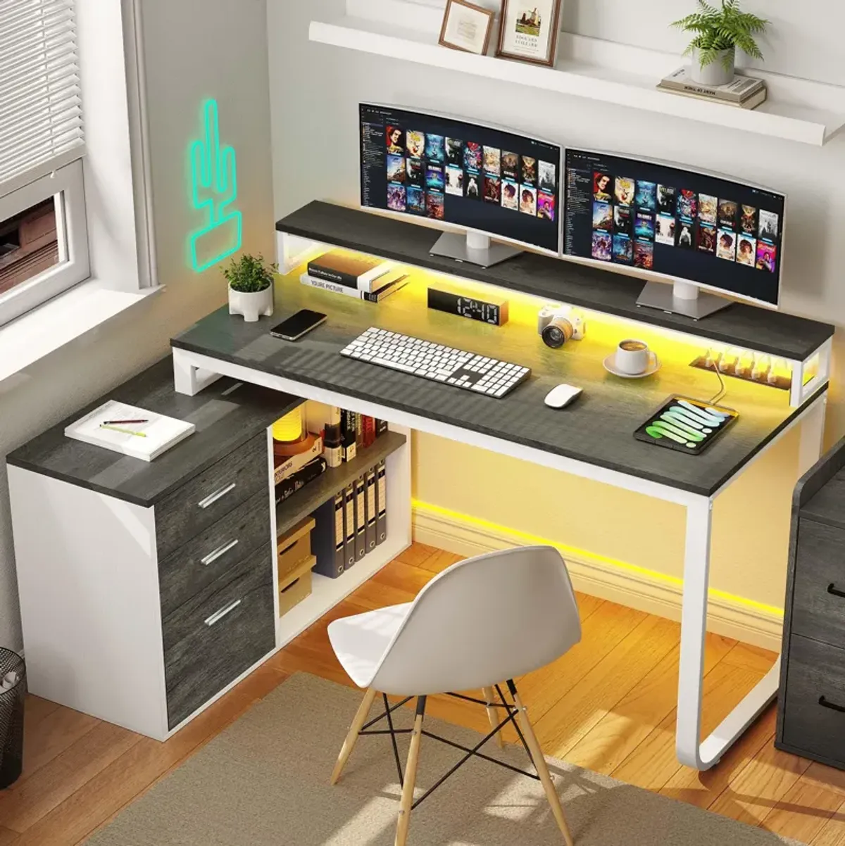 YITAHOME L Shaped Desk with Drawers, 55 Corner Computer Desk with Power Outlets, L-Shaped Desk with LED Lights & File Cabinet