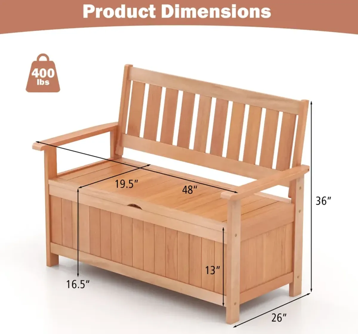 48 Inch Patio Hardwood Storage Bench with Slatted Backrest