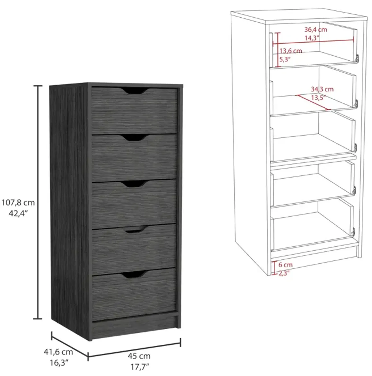 Basilea 5 Drawers Tall Dresser, Pull Out System -Smokey Oak