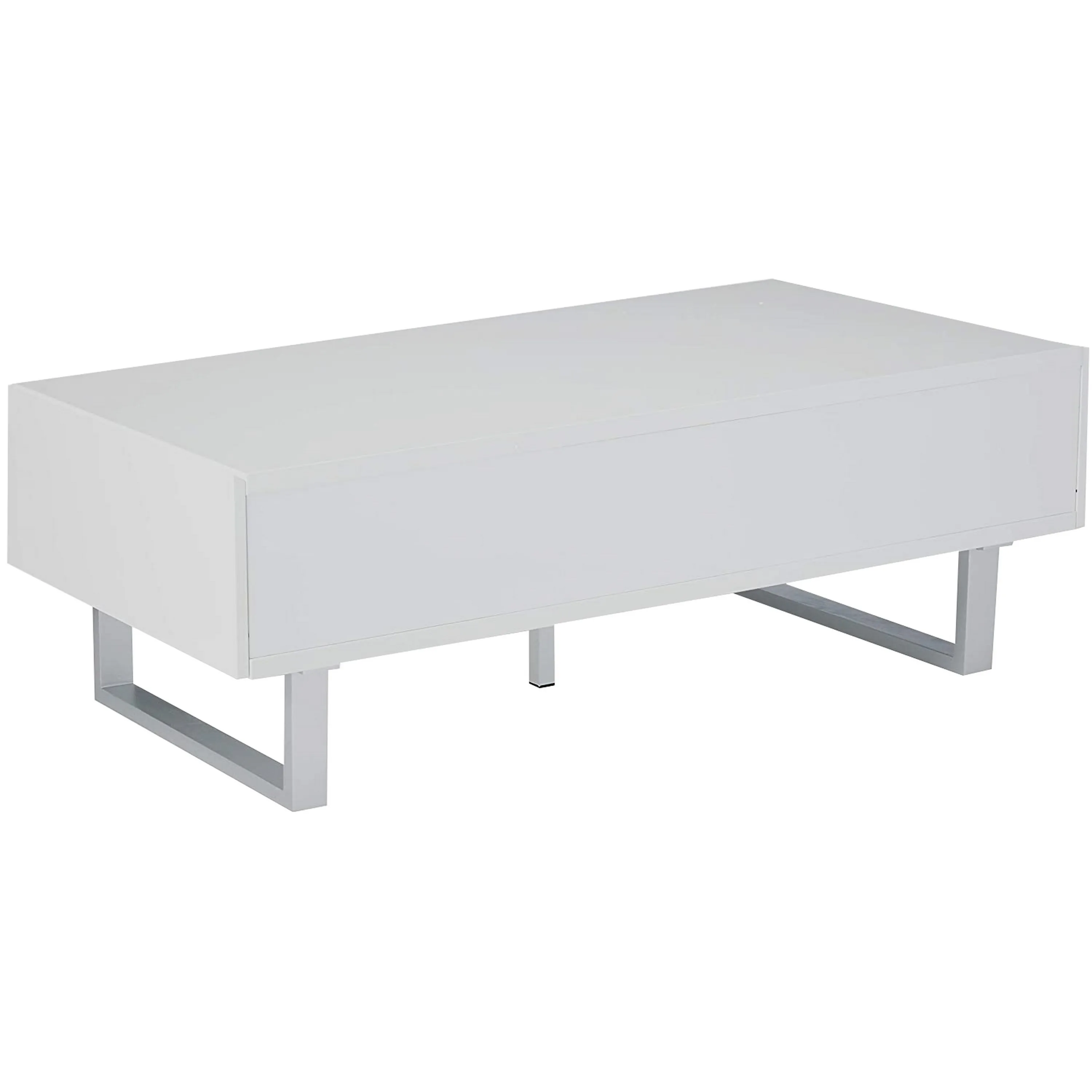 Contemporary Storage Coffee Table With Metallic Base, Glossy White-Benzara