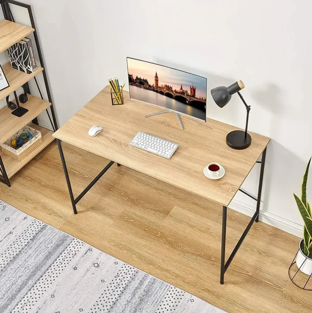 Hivvago Modern Home Office Computer Desk Table with Black Metal Frame Wood Top in Oak