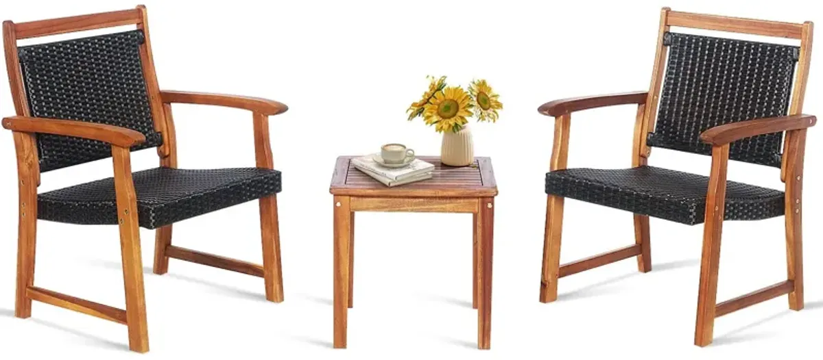 3 Pieces Rattan Bistro Set with Acacia Wood Frame for Garden