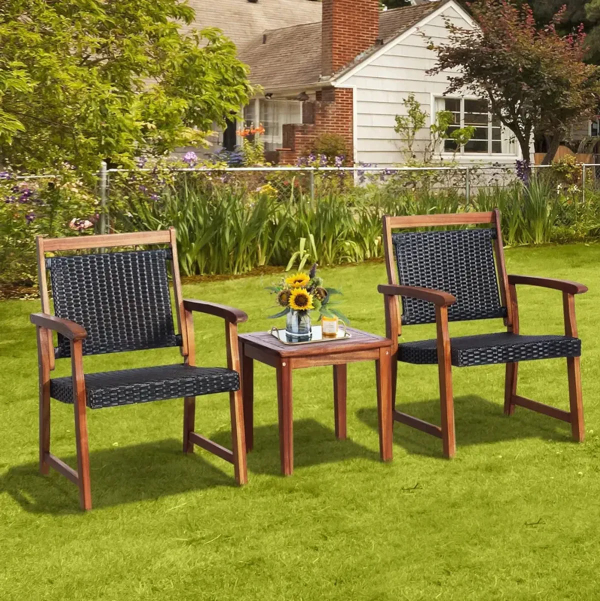 3 Pieces Rattan Bistro Set with Acacia Wood Frame for Garden