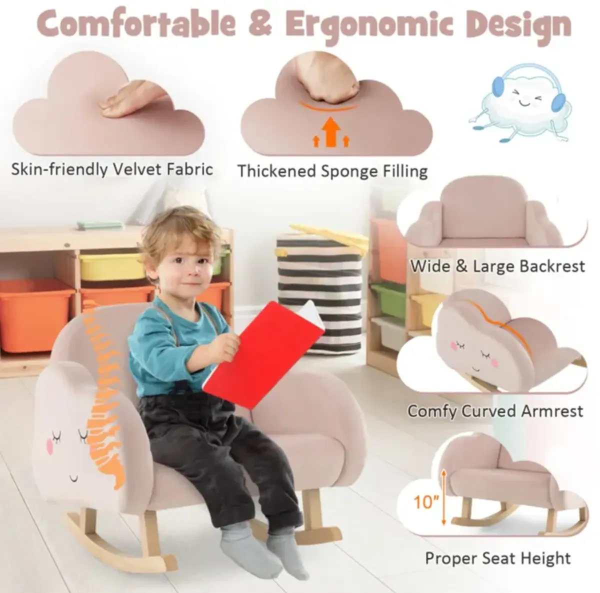 Hivvago Upholstered Toddler Rocker with Solid Wood Legs and Non-slip Foot Pads