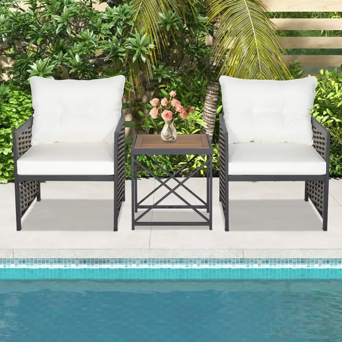 3 Piece Patio Rattan Furniture Set with Acacia Wood Tabletop