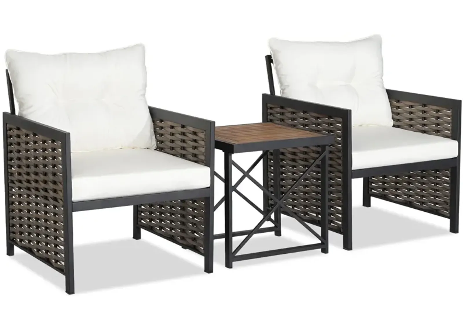 3 Piece Patio Rattan Furniture Set with Acacia Wood Tabletop