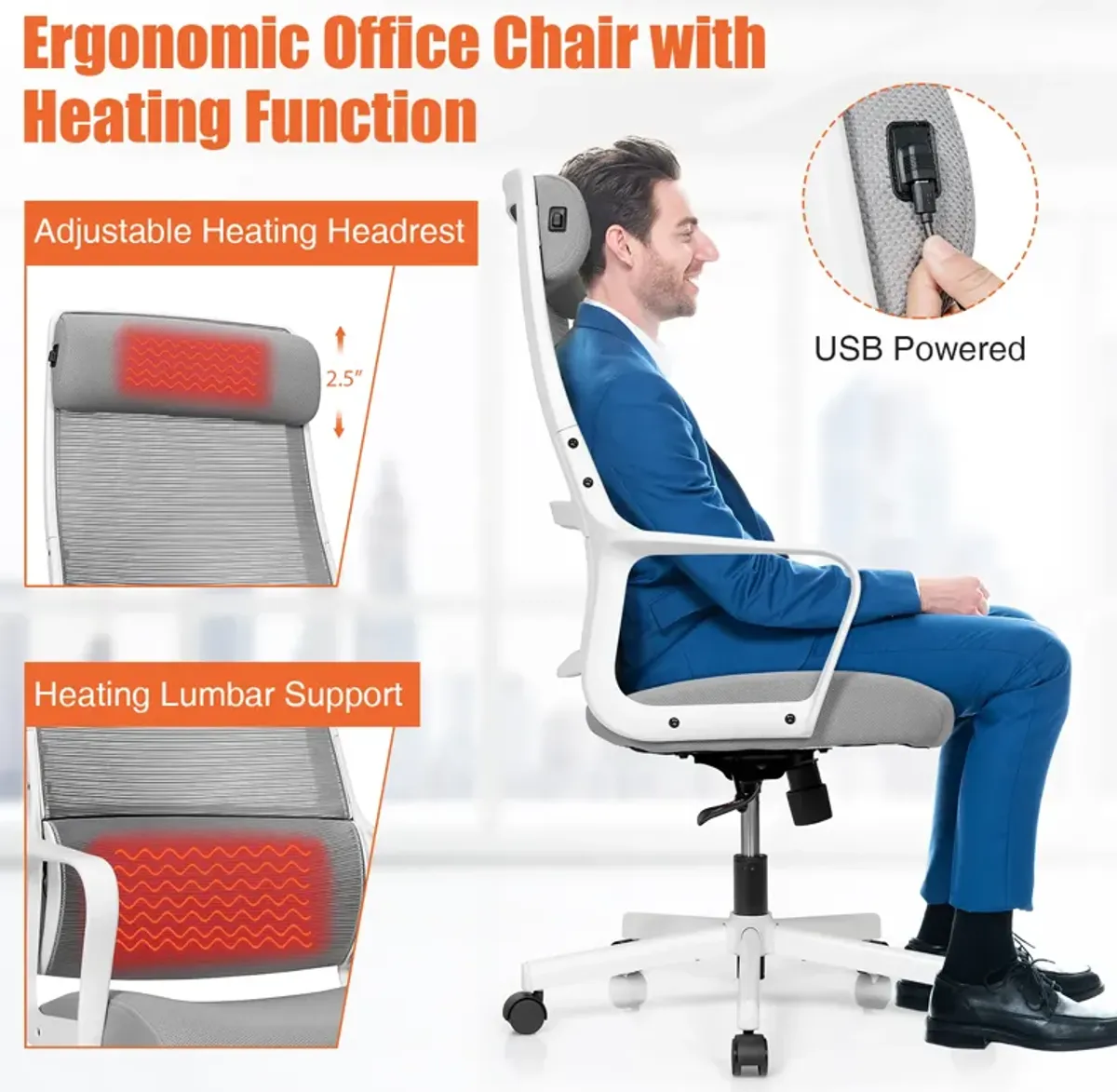 Costway Adjustable Mesh Office Task Chair Heating Lumbar Support Headrest Black