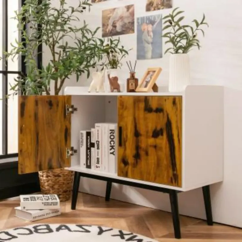 Mid-Century Wood Storage Cabinet with 2 Doors and Metal Legs for Entryway